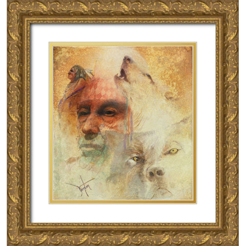Call Of The White Wolf Gold Ornate Wood Framed Art Print with Double Matting by Lund, Denton