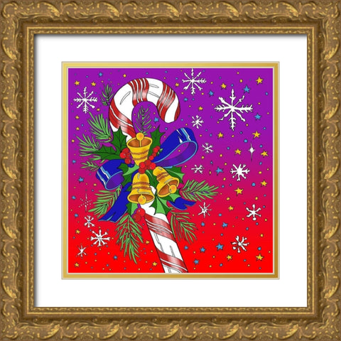 Candy Cane Bells Gold Ornate Wood Framed Art Print with Double Matting by Green, Howie