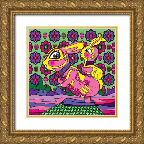 Hoppy Bunnies Toy Gold Ornate Wood Framed Art Print with Double Matting by Green, Howie