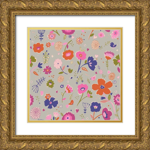 Pink And Blue Flowers Gold Ornate Wood Framed Art Print with Double Matting by HUE and MI and Sangita