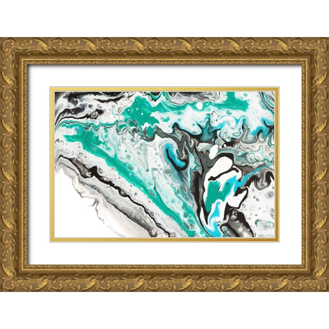 Fluid Acrylic On Emerald Waves Gold Ornate Wood Framed Art Print with Double Matting by Jenny Rainbow Fine Art