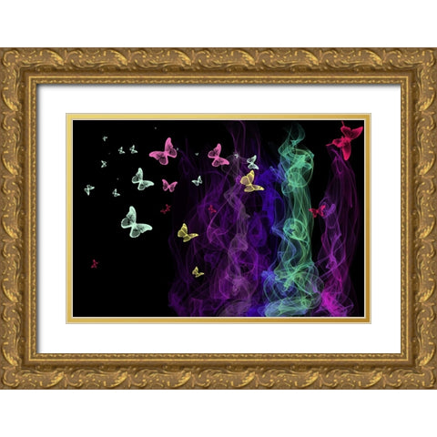 Neon Butterflies Gold Ornate Wood Framed Art Print with Double Matting by Jenny Rainbow Fine Art
