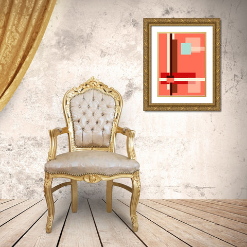 Digital Art Geometric Abstract Living Coral Gold Ornate Wood Framed Art Print with Double Matting by Jenny Rainbow Fine Art