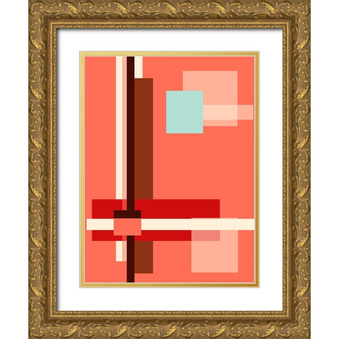 Digital Art Geometric Abstract Living Coral Gold Ornate Wood Framed Art Print with Double Matting by Jenny Rainbow Fine Art