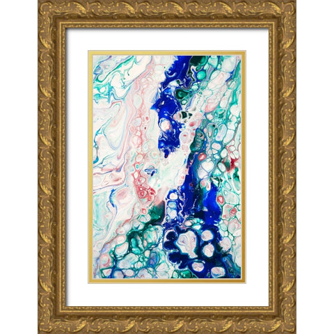 Fluid Acrylic Emerald-Sapphire And Ruby 1 Gold Ornate Wood Framed Art Print with Double Matting by Jenny Rainbow Fine Art