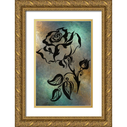 Ink Drawing Chinese Rose Gold Ornate Wood Framed Art Print with Double Matting by Jenny Rainbow Fine Art