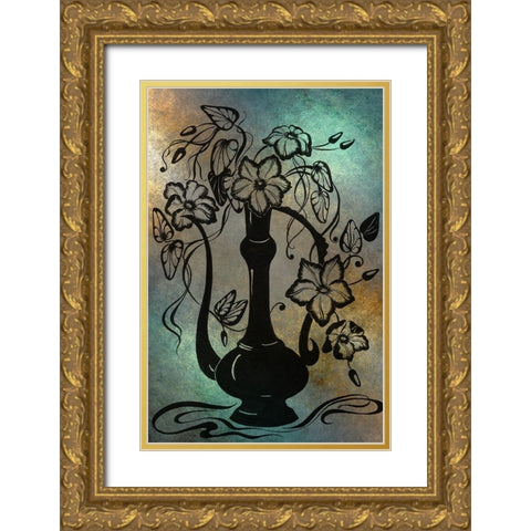 Ink Drawing Clematises in Indian Pitcher Gold Ornate Wood Framed Art Print with Double Matting by Jenny Rainbow Fine Art