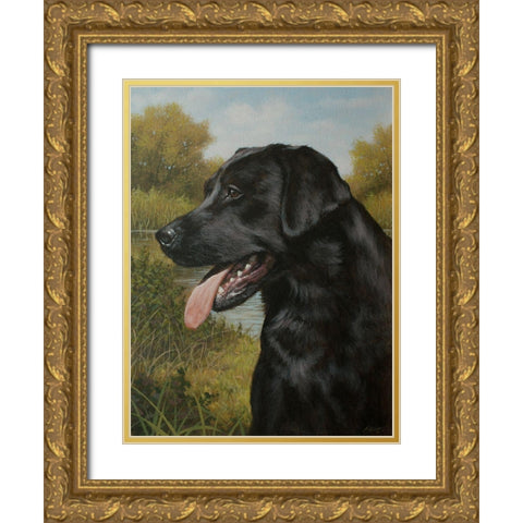 C973 Labrador by the Pool Gold Ornate Wood Framed Art Print with Double Matting by Silver, John