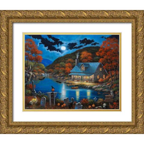 Cabin on Halloween Lake Gold Ornate Wood Framed Art Print with Double Matting by Zaccheo, John