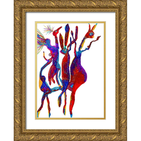 Dancing Friends Gold Ornate Wood Framed Art Print with Double Matting by Kwerki Studios