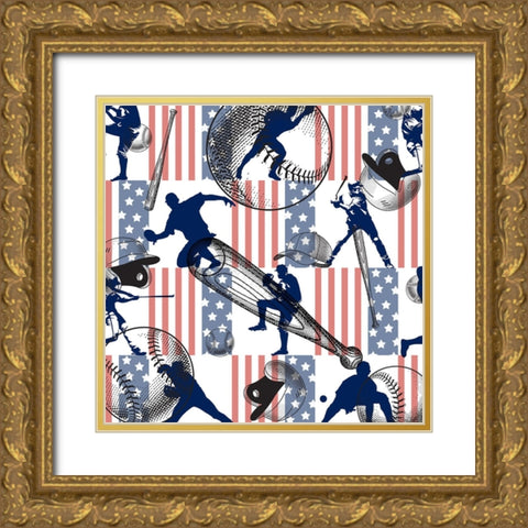 Baseball Pattern 04 Gold Ornate Wood Framed Art Print with Double Matting by LightBoxJournal