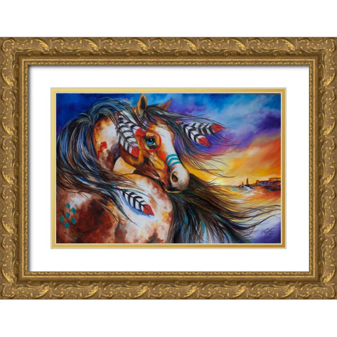 5 Feathers Indian War Horse Gold Ornate Wood Framed Art Print with Double Matting by Baldwin, Marcia