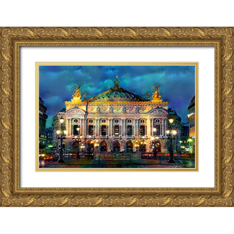 Paris France Opera Garnier Night Gold Ornate Wood Framed Art Print with Double Matting by Gavidia, Pedro
