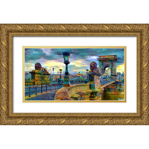 Budapest Hungary Chain Bridge Gold Ornate Wood Framed Art Print with Double Matting by Gavidia, Pedro