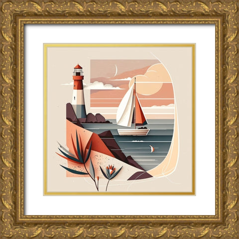 Mid Century Coastal Scenes 23 Gold Ornate Wood Framed Art Print with Double Matting by Heere, Ray