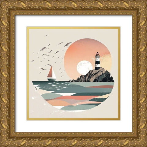 Mid Century Coastal Scenes 26 Gold Ornate Wood Framed Art Print with Double Matting by Heere, Ray