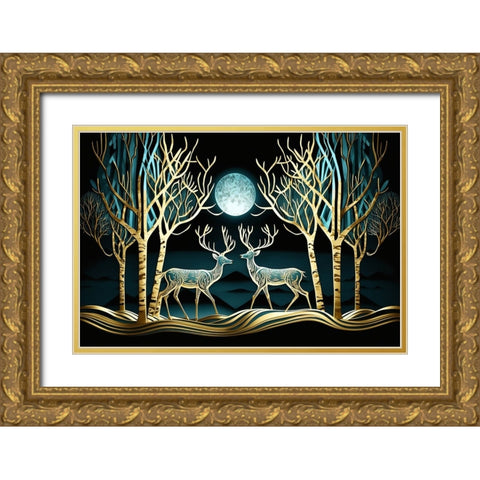 Mid Century Deer 3 Gold Ornate Wood Framed Art Print with Double Matting by Heere, Ray