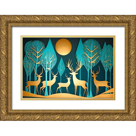 Mid Century Deer 4 Gold Ornate Wood Framed Art Print with Double Matting by Heere, Ray