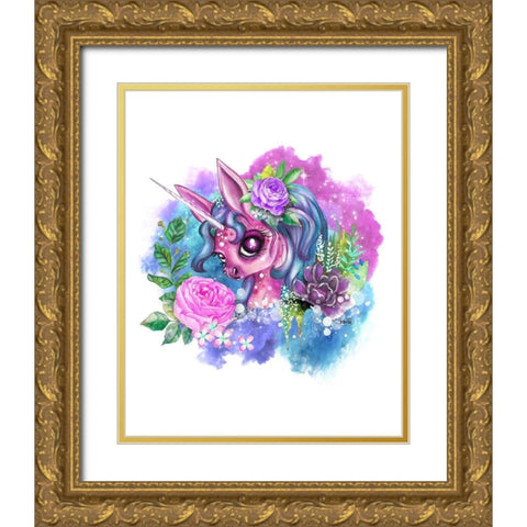 Pink Unicorn Gold Ornate Wood Framed Art Print with Double Matting by Sheena Pike Art