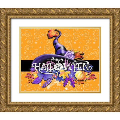 Happy Halloween Sign - Witch Hat Gold Ornate Wood Framed Art Print with Double Matting by Sheena Pike Art