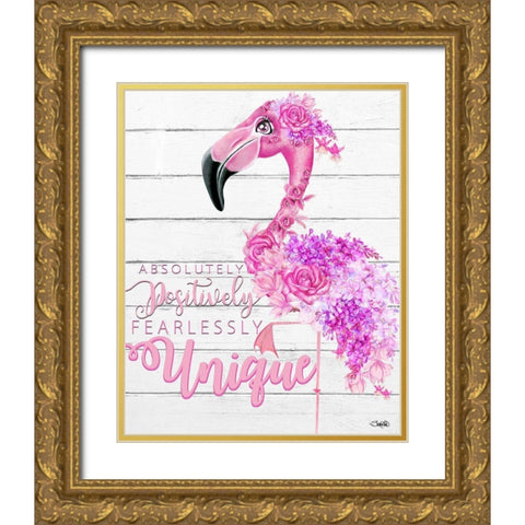 Fearlessly Unique Flamingo Gold Ornate Wood Framed Art Print with Double Matting by Sheena Pike Art