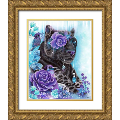 Sapphire Galaxy Jaguar Gold Ornate Wood Framed Art Print with Double Matting by Sheena Pike Art