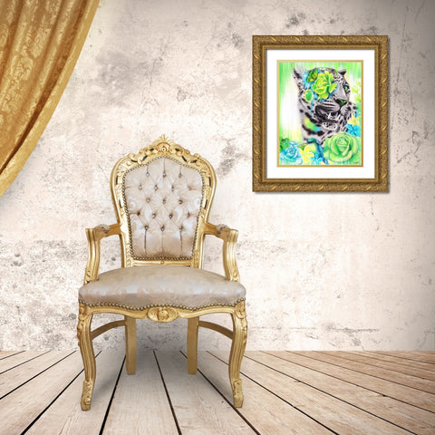 AquaLime Leopard Gold Ornate Wood Framed Art Print with Double Matting by Sheena Pike Art
