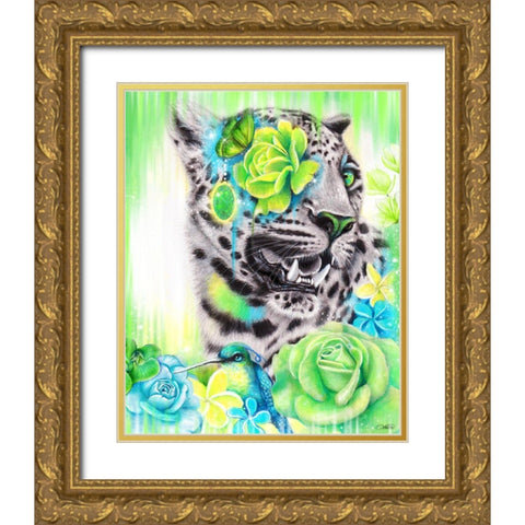 AquaLime Leopard Gold Ornate Wood Framed Art Print with Double Matting by Sheena Pike Art