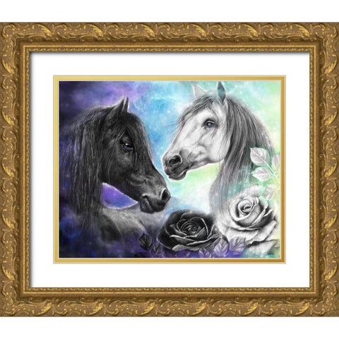 Opposites Attract - Light and Dark Horse Gold Ornate Wood Framed Art Print with Double Matting by Sheena Pike Art