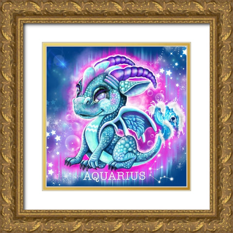Zodiac Lil Dragonz Aquarius Gold Ornate Wood Framed Art Print with Double Matting by Sheena Pike Art