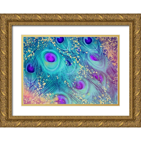 Aqua Rainbow Peacock Feathers Gold Ornate Wood Framed Art Print with Double Matting by Lavoie, Tina