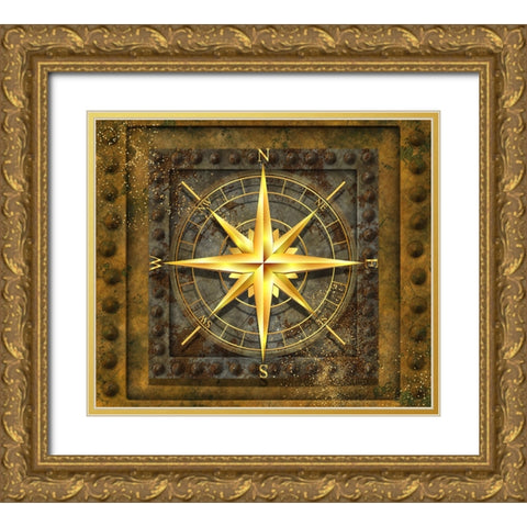 Steampunk Compass Gold Ornate Wood Framed Art Print with Double Matting by Mitchell, Tina