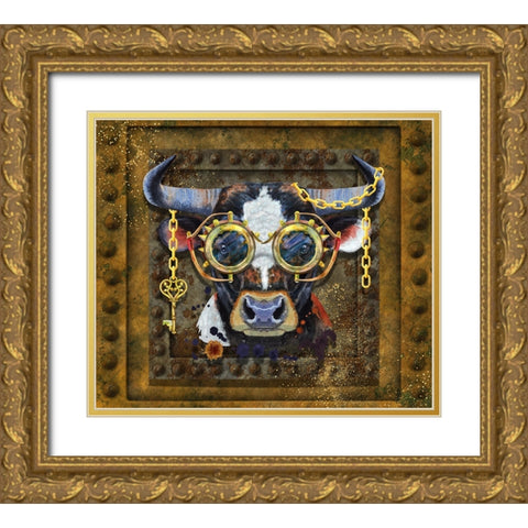 Steampunk Bull Gold Ornate Wood Framed Art Print with Double Matting by Mitchell, Tina