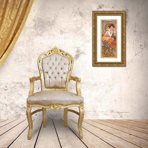 Mucha Topaz Gold Ornate Wood Framed Art Print with Double Matting by Vintage Apple Collection