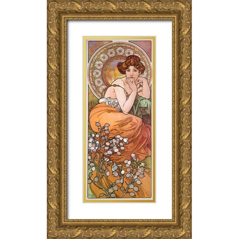 Mucha Topaz Gold Ornate Wood Framed Art Print with Double Matting by Vintage Apple Collection