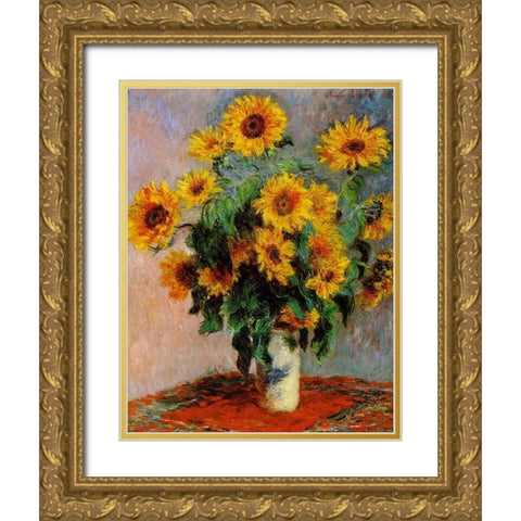 Monet-Bouquet of Sunflowers Gold Ornate Wood Framed Art Print with Double Matting by Vintage Apple Collection