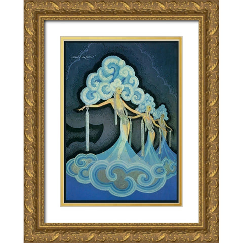 Folies Bergere Blue Gold Ornate Wood Framed Art Print with Double Matting by Vintage Apple Collection