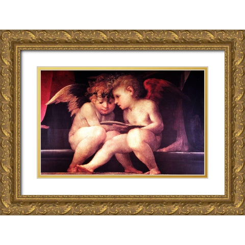 Two Redhead Cherubs Gold Ornate Wood Framed Art Print with Double Matting by Vintage Apple Collection