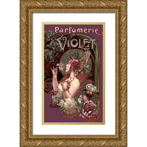 Parfumerie Violet Gold Ornate Wood Framed Art Print with Double Matting by Vintage Apple Collection