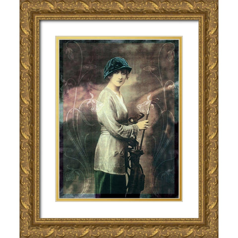 Pretty Golf Girl Gold Ornate Wood Framed Art Print with Double Matting by Vintage Apple Collection
