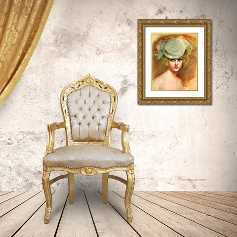 Lady In Green Hat Gold Ornate Wood Framed Art Print with Double Matting by Vintage Apple Collection