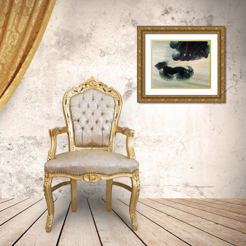 Dog On A Leash Gold Ornate Wood Framed Art Print with Double Matting by Vintage Apple Collection