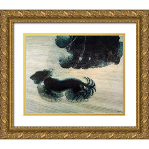 Dog On A Leash Gold Ornate Wood Framed Art Print with Double Matting by Vintage Apple Collection