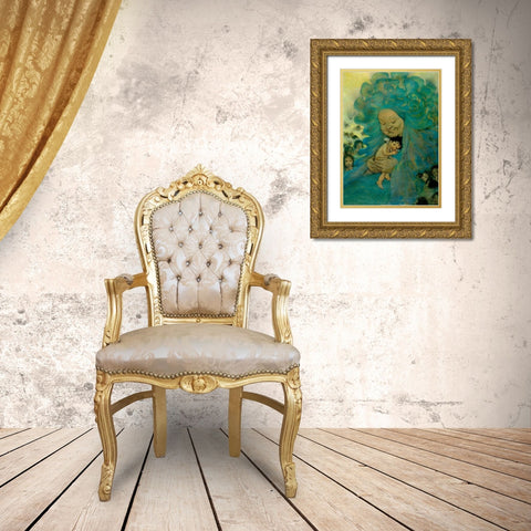 Green Haired Lady Gold Ornate Wood Framed Art Print with Double Matting by Vintage Apple Collection