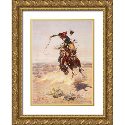 Charles Marion Russell - A Bad Hoss Gold Ornate Wood Framed Art Print with Double Matting by Vintage Apple Collection