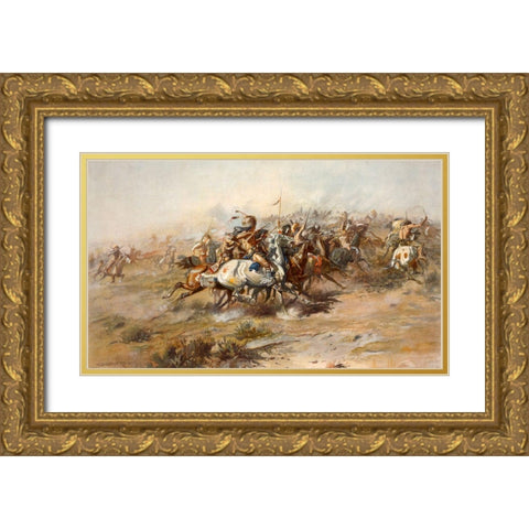 Charles Marion Russell - Custer Fight Gold Ornate Wood Framed Art Print with Double Matting by Vintage Apple Collection