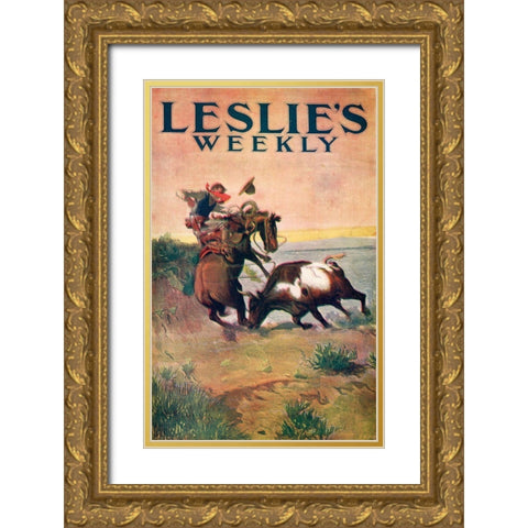 Charles Marion Russell - Leslies Weekly Gold Ornate Wood Framed Art Print with Double Matting by Vintage Apple Collection