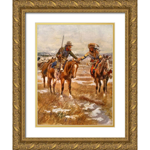 Charles Marion Russell - The Meeting Gold Ornate Wood Framed Art Print with Double Matting by Vintage Apple Collection
