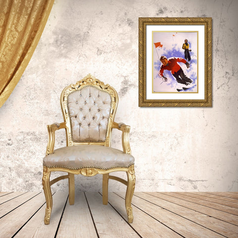 Downhill Skiing Gold Ornate Wood Framed Art Print with Double Matting by Vintage Apple Collection