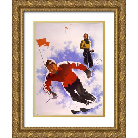 Downhill Skiing Gold Ornate Wood Framed Art Print with Double Matting by Vintage Apple Collection